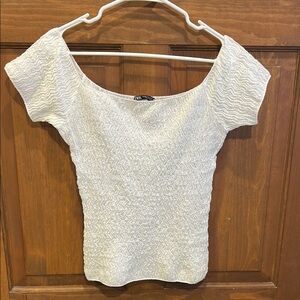 White Smocked Fitted Short Sleeve Top Blouse medium M